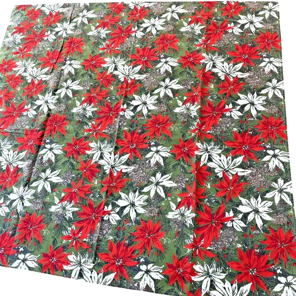 Vintage Christmas Tablecloth 50” Square Poinsettias & Pine Cones Retro 1970's